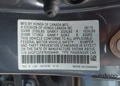 2019 Honda Civic Sport из США, поврежденный, VIN 2HGFC2F87KH594449